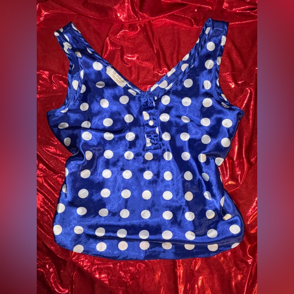 Victoria's Secret Vintage Gold Label Blue satin polka dotted coquette camisole M